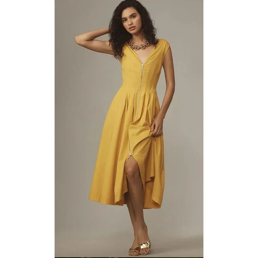 Anthropologie Sleeveless V-Neck Corset Midi Dress Size Small Zipper Front